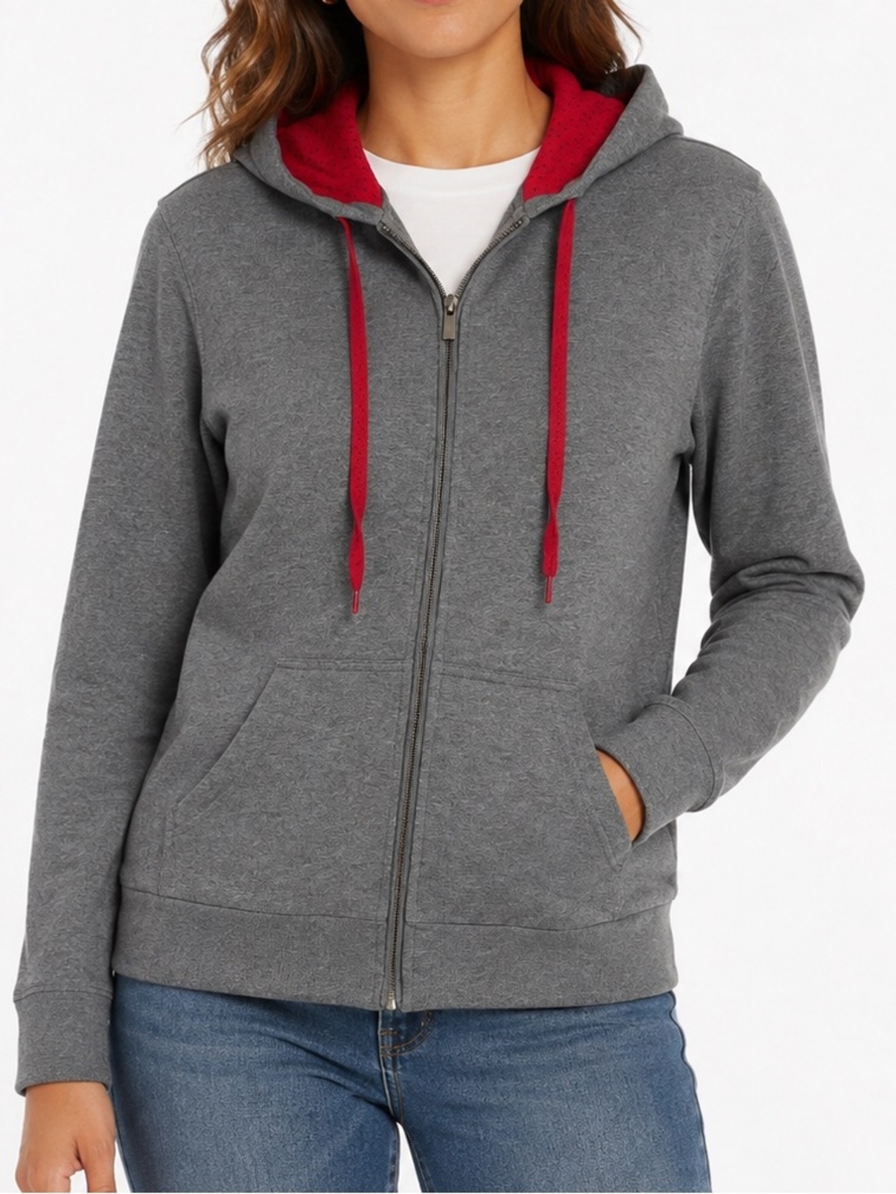Talbots Gray Zip Hoodie with Red Blue Polka Dot Lined Hood and Drawstrings